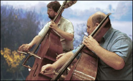 Composite picture of musicians playing against a misty scene