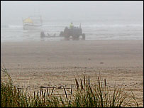 Redcar beach in the fog.