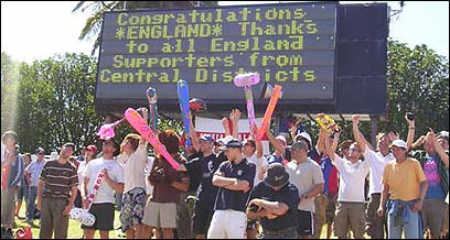 England fans celebrate victory in Napier