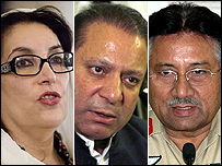 از راست به چپ: پرویز مشرف، نواز شریف، بی نظیر بوتو