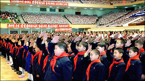 North Korean children celebrate the birthday of leader Kim Jong-Il