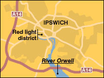 Ipswich map showing red light district
