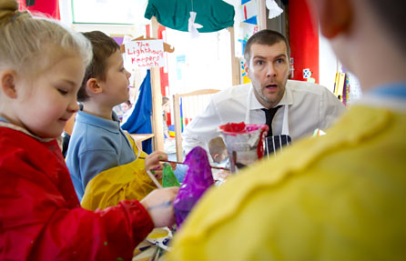 Rhod as a teacher in the first episode of Rhod Gilbert's Work Experience