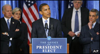 President-elect Obama makes an opening statement on the economy during a press conference in Chicago, Friday, Nov. 7, 2008 - AP Photo/Charles Dharapak