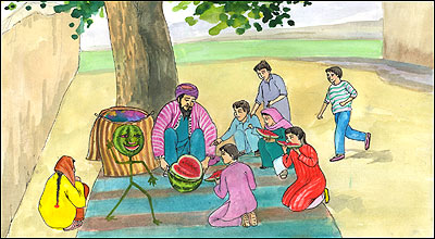 بنجاره والا به کودکان تربوز قاش می کند