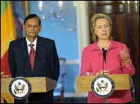 Minister GL Peiris (L) with US Secretary of State Hillary Clinton (file photo)