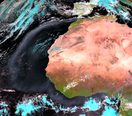 Visible here as a milky cloud, Saharan dust is blown far off the west coast of Africa and over the Atlantic Ocean on 06 March 2004 (Copyright [2004] EUMETSAT