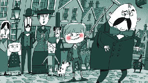 Tiny Tim, with red cheeks and a wicked grin on his face, knocks the rich man's hat from his head, watched by shocked passers-by