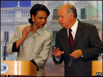 Rice e o presidente chileno, Ricardo Lagos, em entrevista coletiva
