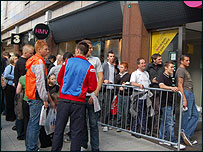 Fans queuing outside HMV to meet The Twang on the day 'Jewellery Quarter' was launched