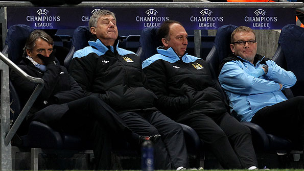 Manchester City boss Roberto Mancini issues instructions from the sidelines at Wembley
