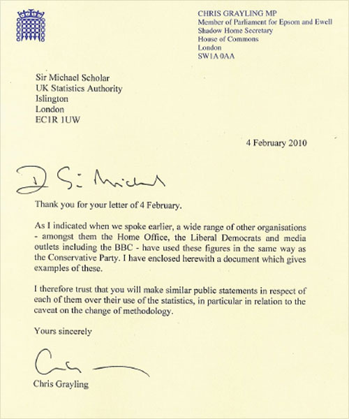 Copy of letter from Chris Grayling to Sir Michael Scholar
