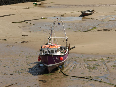 A fishing boat sits in mud at low tide