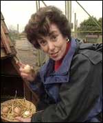 Edwina Curry holding an egg