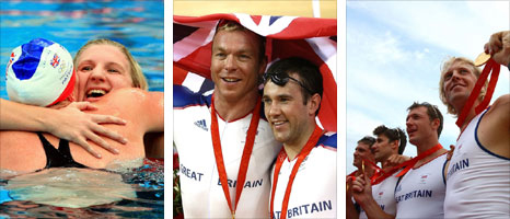 Rebecca Adlington, Bradley Wiggins, Chris Hoy a phedwarawd rhwyfo Prydain yn dathlu