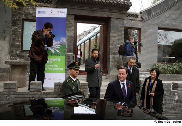 British Prime Minister David Cameron in the hutongs of central Beijing