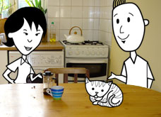 Helen, Michal and the cat in the kitchen