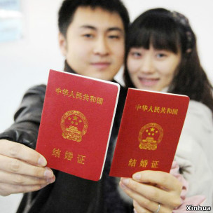 一对新人展示结婚证