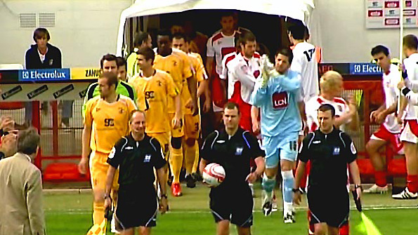Crewe (left) and Stevenage take to the field at Broadhall Way
