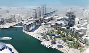 Architect's impression of the 200 acre mediacity:uk development at Salford Quays (day). Copyright: Wilkinson Eyre Architects