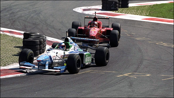 Michael Schumacher tries to pass Jean Alesi in the 1996 Italian Grand Prix
