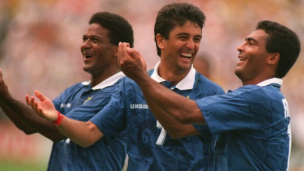Bebeto (centre) and Romario (right) celebrate a goal.