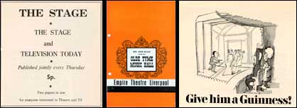 Composite Image - The Stage magazine advert, music hall program and Guiness Theatre advert