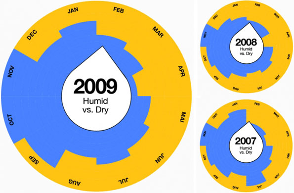 Circular bar charts of rainfall, for a year.