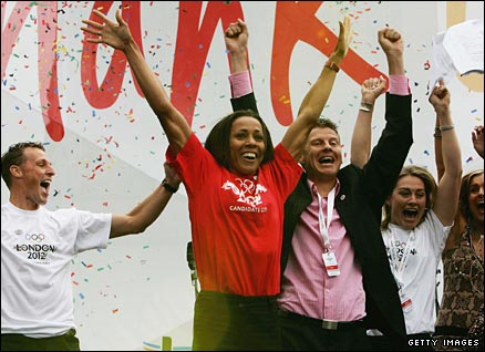 Danny Crates, Dame Kelly Holmes, Steve Cram and Sarah Webb jump for joy as they hear the good news on London winning the Olympic 2012 bid