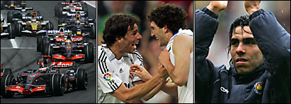 De izq. a der.: Pelotón de F1; Van Nistelrooy festeja con HIguaín; Carlos Tévez