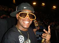 Dizzee Rascal is over the moon with his 3D glasses to watch Beowulf.