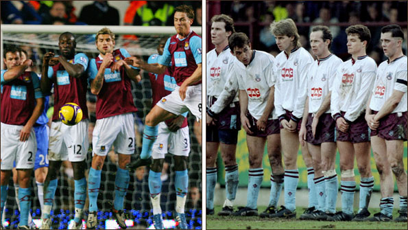 West Ham defensive walls - 2008/09 (left) and 1989/90