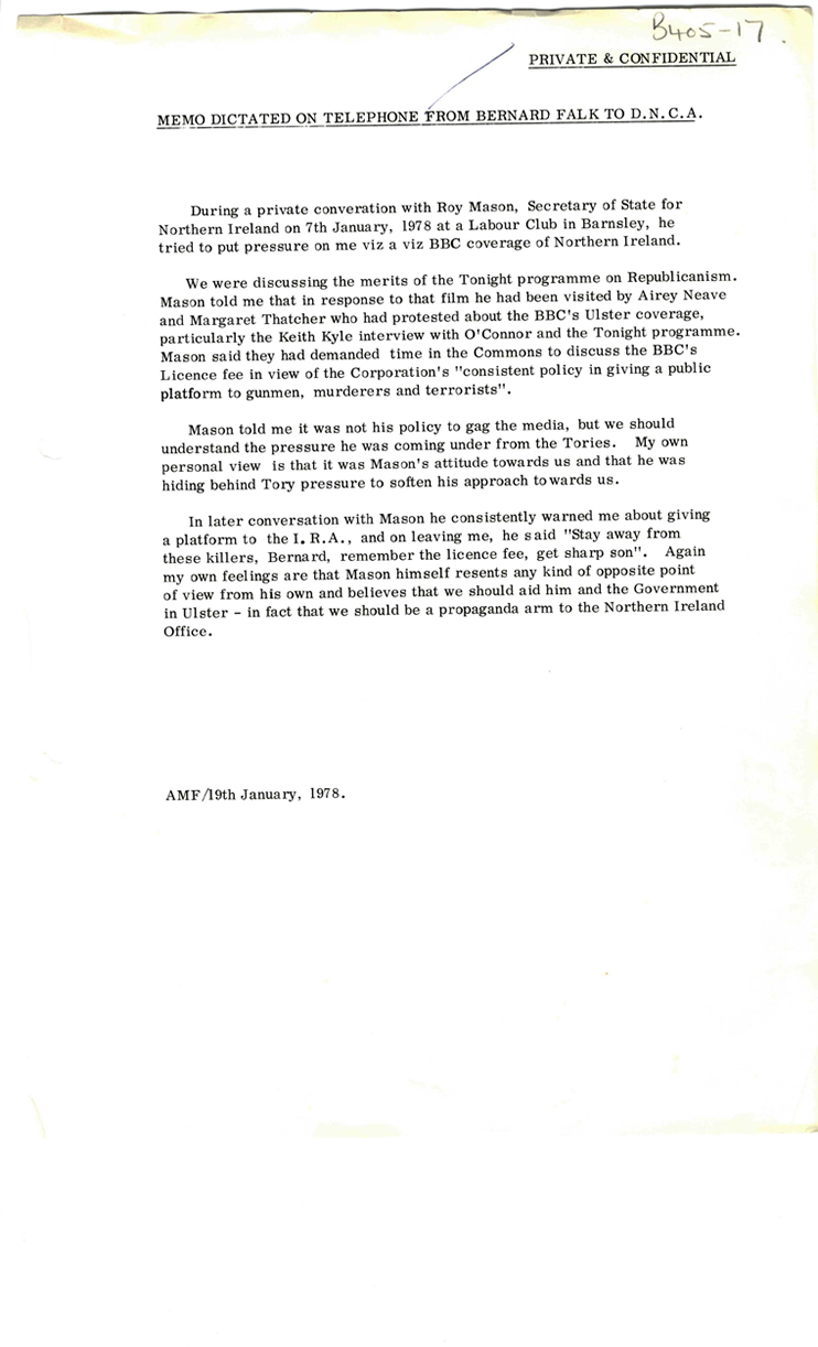 Memo from Tonight reporter Bernard Falk about conversation with Roy Mason, January 1978