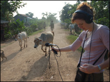 Producer Jo Mathys recording street sounds for the documentary