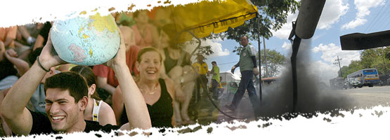 Composite image: People gathering, a man in front playing with an Earth balloon, and exhaust on a street