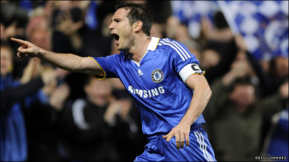 Frank Lampard celebrates one of his two goals against Liverpool
