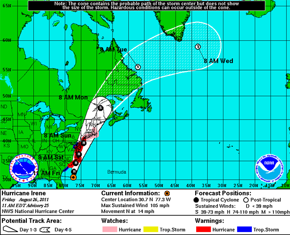 Hurricane Irene track forecast cone