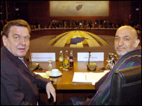 Konferansın ev sahibi Schröder ve Afganistan devlet Başkanı Hamid Karzai