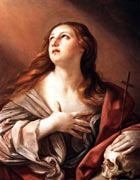 Mary Magdalene, depicted as a fair-skinned woman with long hair and wearing red. She is holding a cross and a skull and has her free hand clasped to her chest. She is looking up at a beam of light from an unseen source