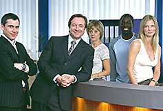 Group photo: Trevor's World of Sport, L to R: Ralph (Abdul Salis), Trevor (Neil Pearson), Theresa (Rosalind Ayres), Barry (Abdul Salis) and Heidrun (Cosima Shaw)