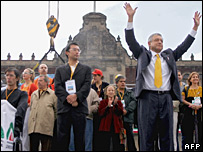 Andres Manuel Lopez Obrador waves to supporters at Zocalo Square, Mexico City