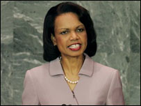 A secretária de Estado dos EUA, Condoleezza Rice, discursa na ONU