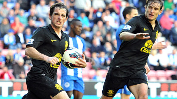 Leighton Baines celebrates after scoring a late penalty to give Everton a point against Wigan on Saturday