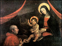 Reprodução de quadro de Pinturicchio retratando o papa, o menino Jesus, e Maria com o rosto da amante papal, Giulia Farnese