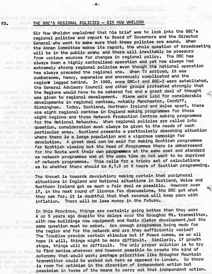 BBC Northern Ireland Advisory Council Minutes, June 1976 - Huw Wheldon extract