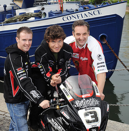 Relentless Suzuki by TAS Racing riders Alastair Seeley and Guy Martin with Michael Rutter who will compete for Riders Bathams Ducati.