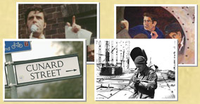 Photo montage featuring Jimmy Reid, a welder, a street sign and a painting by a shipyard worker.