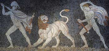 Alexander the Great 356-323 BC (in hat) and friend Hephaistion (or Krateros) hunting lion, pebble mosaic from house of Peristyle at Pella Greece 320 BC
