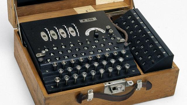 A four-rotor German Enigma cipher machine made during WW2. This rare machine is thought to have been used in the post-war years for coding diplomatic traffic in Switzerland.