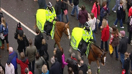 South Wales Police and horses patrolling Cardiff city centre
